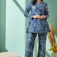 W for Woman Blue Floral Printed Pure Cotton Tunic and Pants Co-ord Set