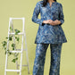 W for Woman Blue Floral Printed Pure Cotton Tunic and Pants Co-ord Set