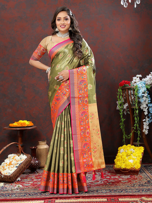 Lorenvalley Fashion Mehndi Kanjivaram Silk Woven Design with Zari Weaving Saree - Swadesiicart
