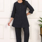 W for Woman Blue Solid Embroidered Rayon Flax A-line Tunic and Straight Pants Co-ord Set