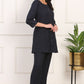 W for Woman Blue Solid Embroidered Rayon Flax A-line Tunic and Straight Pants Co-ord Set