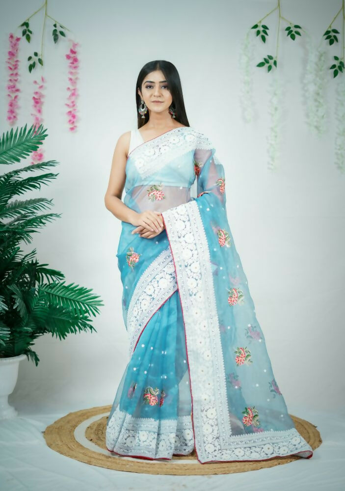 Vamsee Patralekha Blue Organza Saree - Swadesiicart