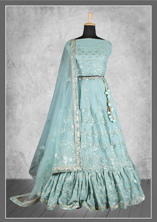 Sea Green Satin Silk Sequins and cord embroidery, cut work Bridal lahenga Choli with Dupatta - Nimaya Pavitra Rista | Swadesiicart