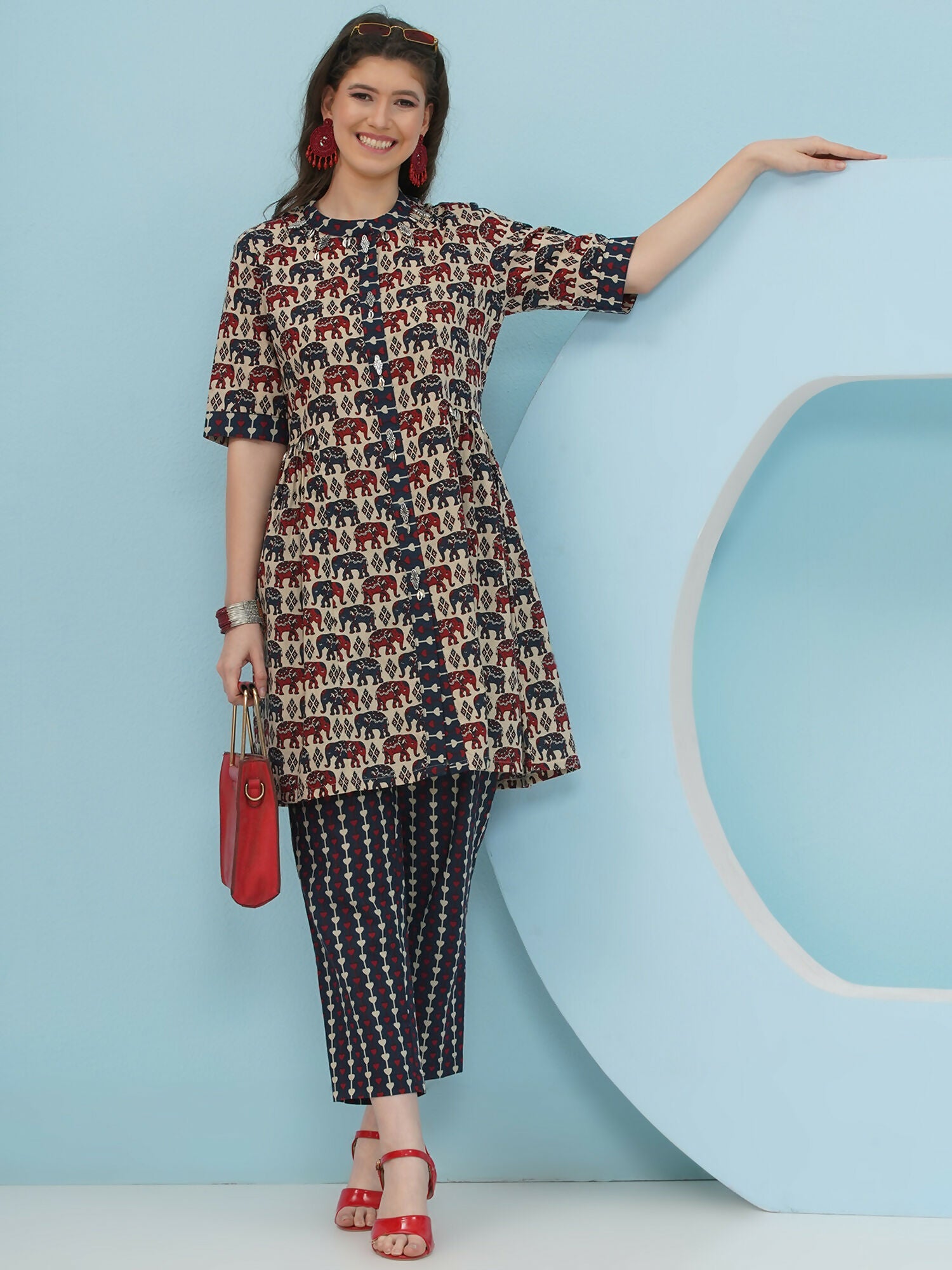 Joban Fashion Elephant Printed Co Ord Set - Beige - Swadesiicart