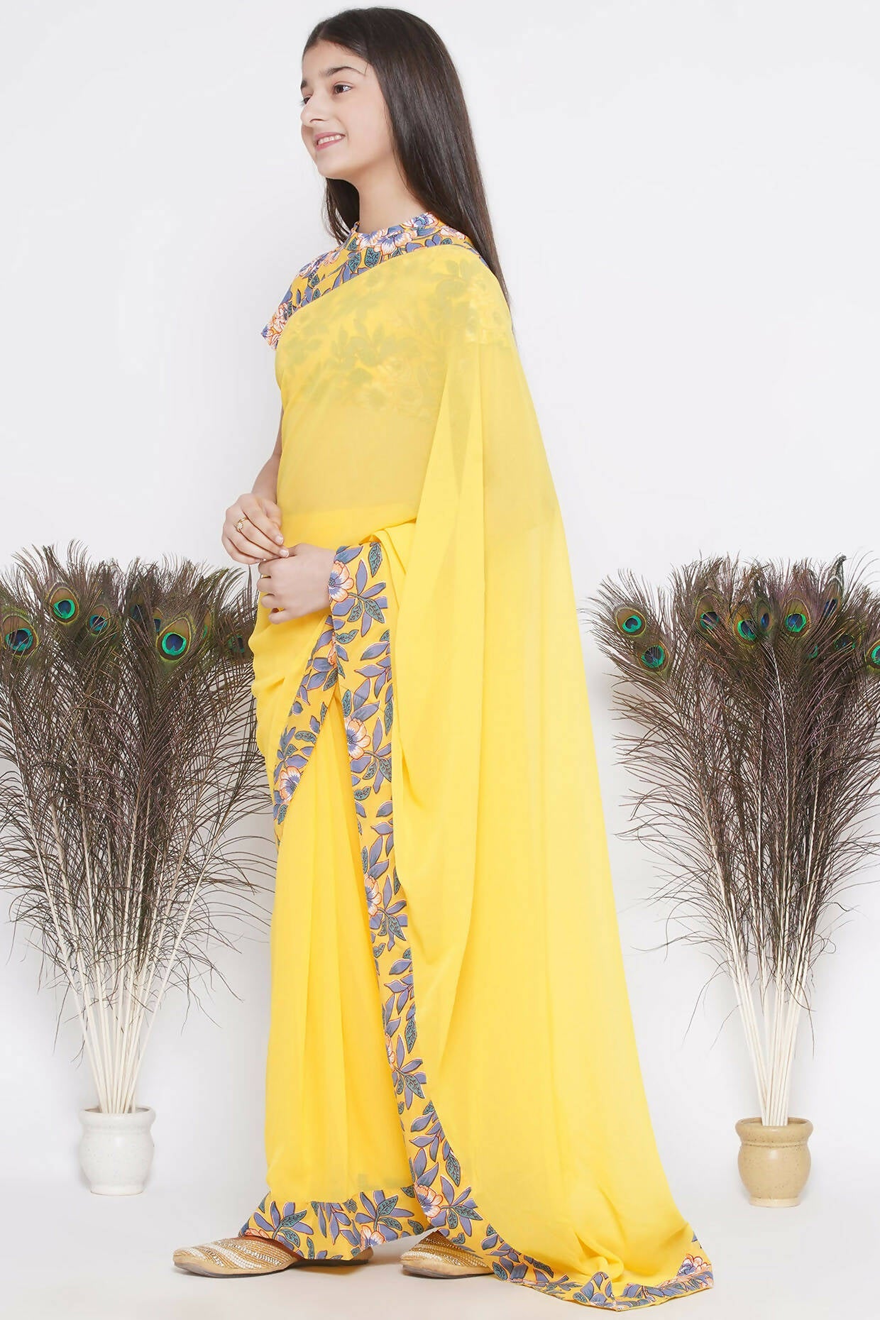 Little Bansi Floral Print Ready To Wear Saree And Floral Blouse - Yellow | Swadesiicart