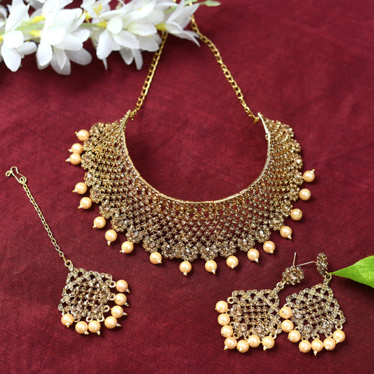 Mominos Fashion Johar Kamal Traditional Rajwadi Design Heavy Golden Color Necklace Set - Mominos Fashion