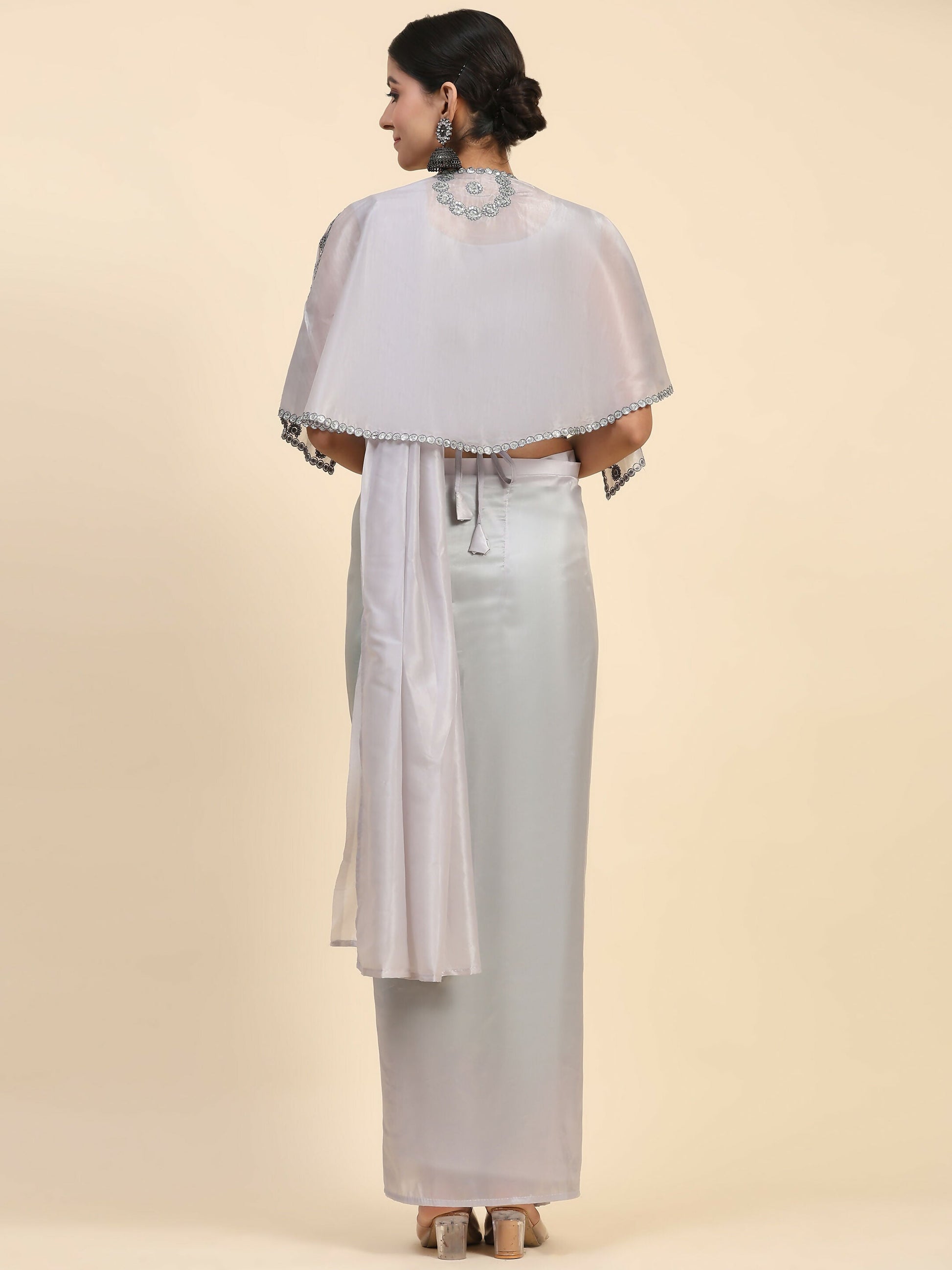 Grey Satin Solid Ready to wear Saree with stitched Blouse - Vanita | Swadesiicart