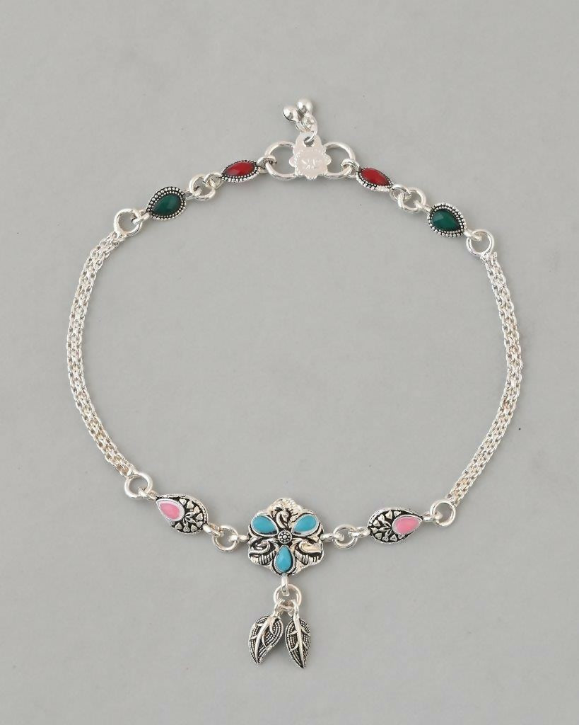 VOJ Set of 2 Traditional Stone Studded Flower Shaped Anklet - Swadesiicart