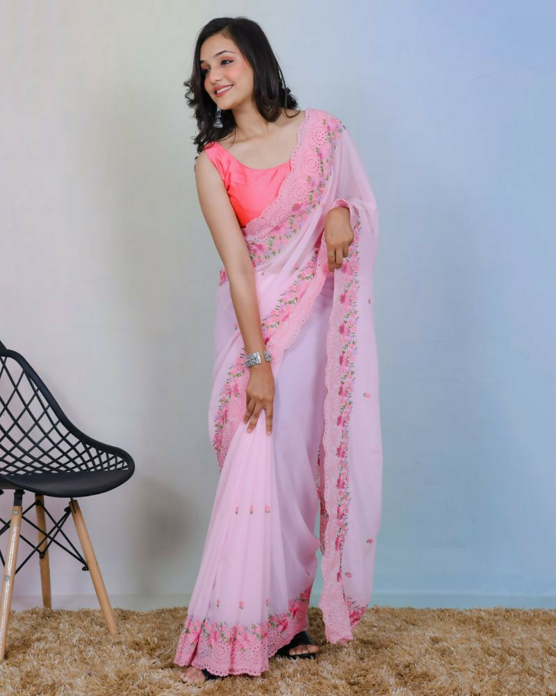 Vamsee Rashmika Baby Pink Georgette Saree - Swadesiicart