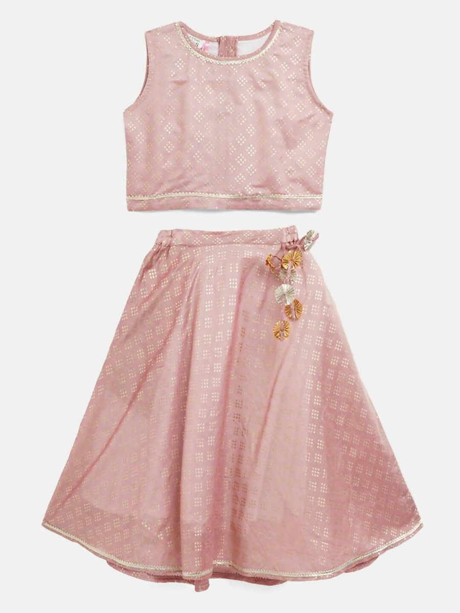 Ahalyaa Rusty Rose Chanderi Gold Foil Print Lehenga Choli With Dupatta For Girls | Swadesiicart