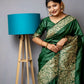 Vishnu Weaves Women's Green Handloom Raw Silk Woven Border Saree with Unstitched Blouse - Swadesiicart