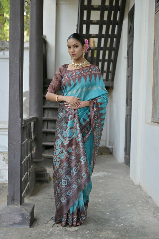 Vishnu Weaves Women's Firozi Soft Tussar Silk Saree with Blouse - Swadesiicart