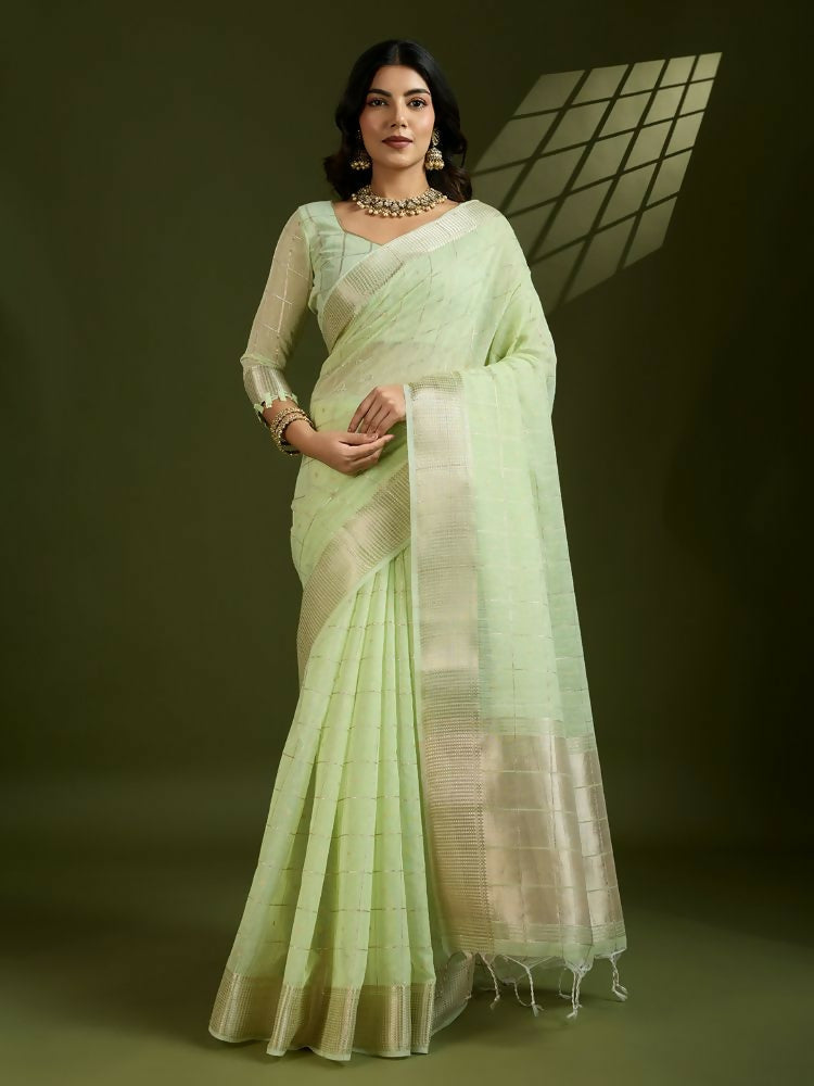 Vishnu Weaves Women's Pista Soft Silk Zari Woven Saree with Blouse - Swadesiicart