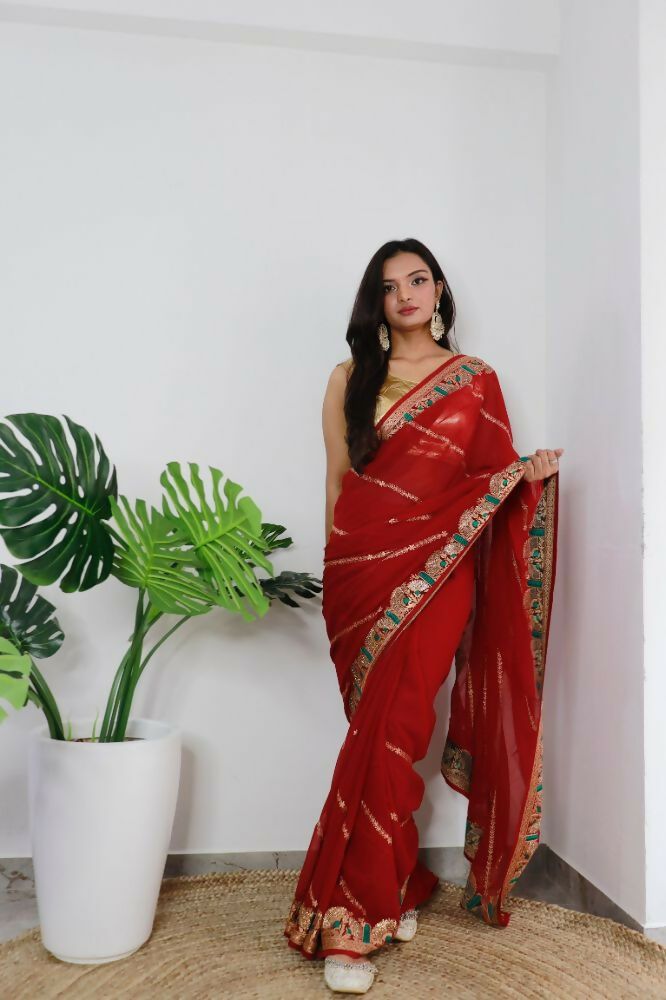 Vamsee Aaradhna Red Georgette Saree - Swadesiicart