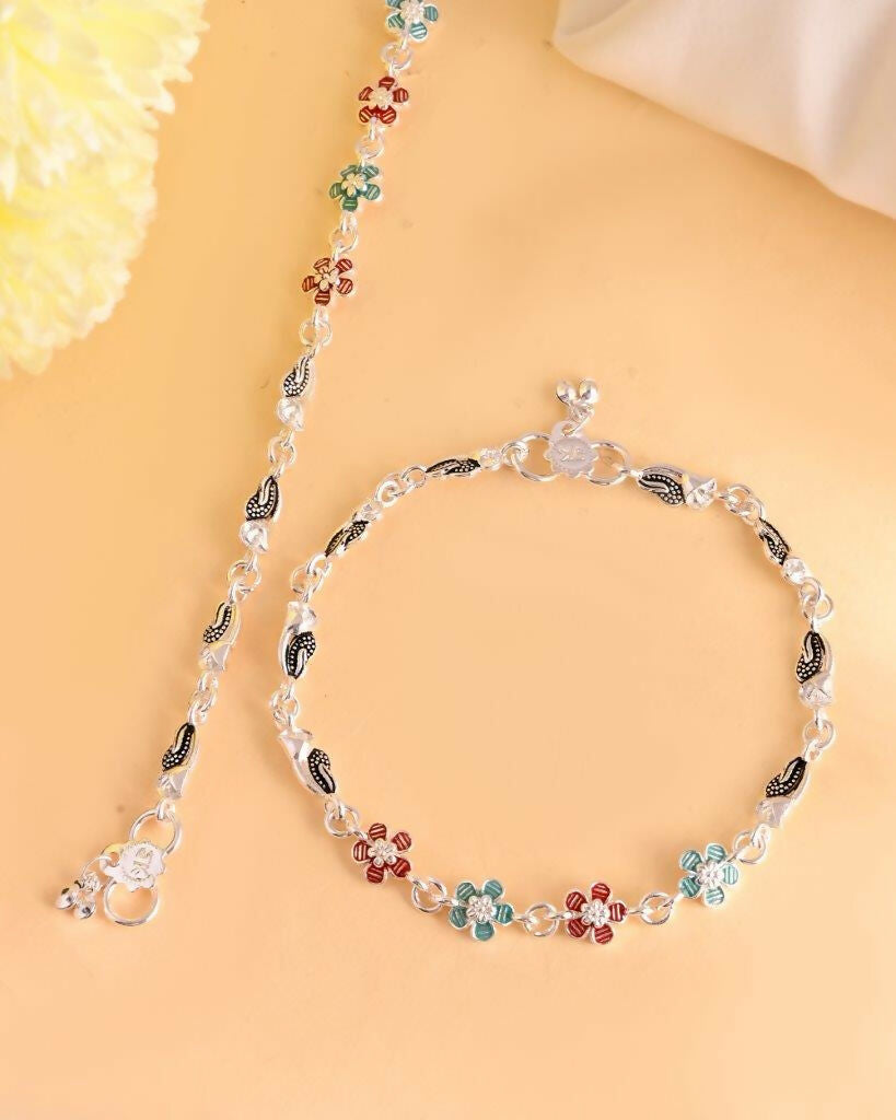 VOJ Set of 2 Stone Studded Mutli Color Flower Shaped Anklet - Swadesiicart