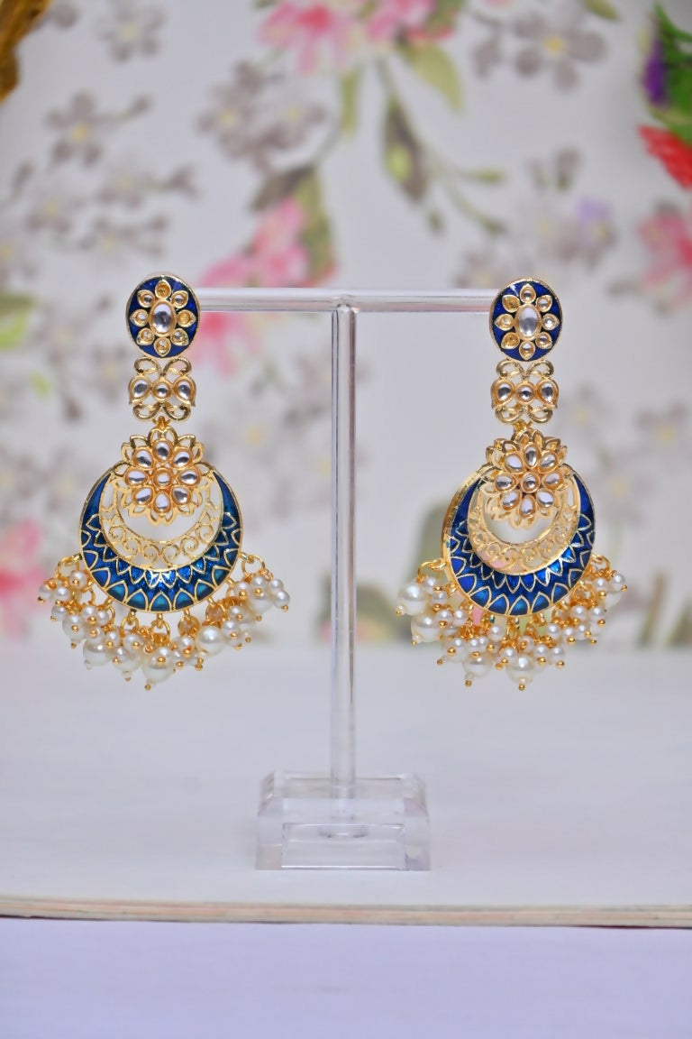 Blue Gold-Polished Beautifully Enamelled Stylish Kundan & Pearl Dangle Women Earrings|Meenakari Chandbali Traditional Ethnic Wear Earrings By House of Ree - Swadesiicart