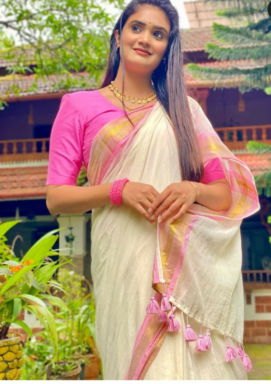 Exclusive Collection Beautiful White Pink Pure Cotton Hand Weaving Handloom Saree With Running Blouse Piece - Swadesiicart