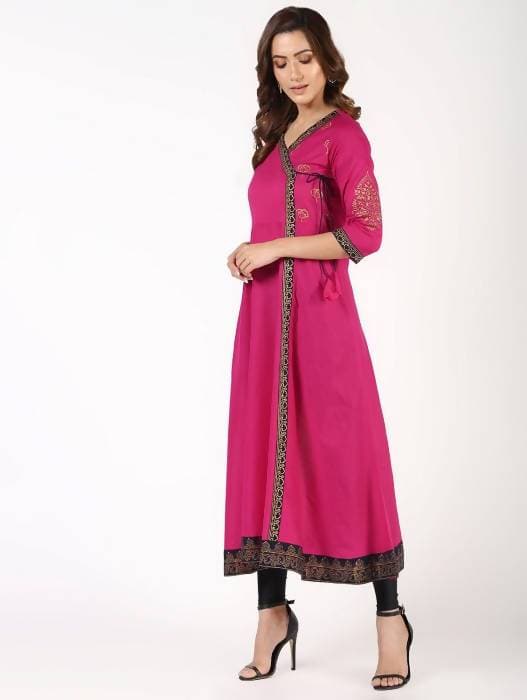 Aniyah Cotton Block Print Angrakha Kurta In Magenta (AN-148K) - Swadesiicart