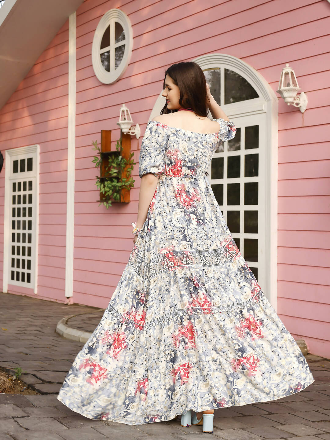 Grey Crepe Foil Printed Long Dress - Michan | Swadesiicart