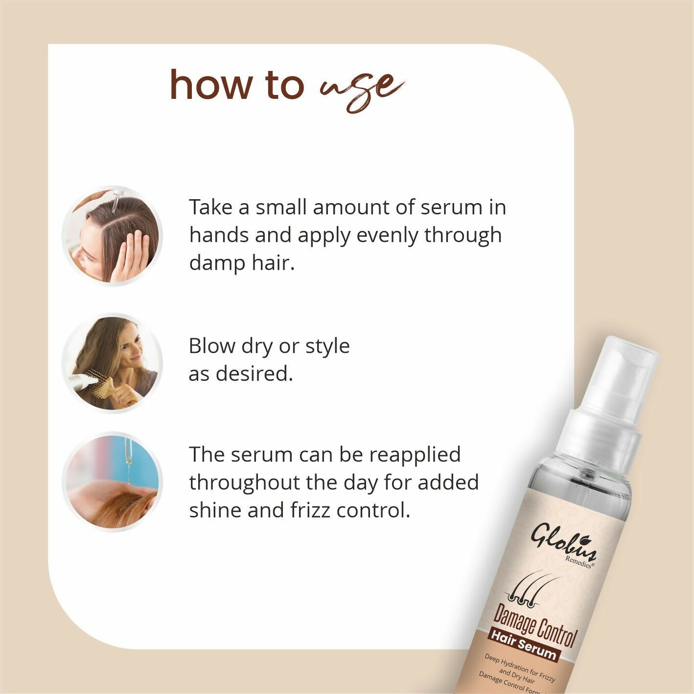 Globus Remedies Damage Control Hair Serum, For Frizzy Hair, Smoothens Rough Ends, Adds Instant Shine,100ml | Swadesiicart