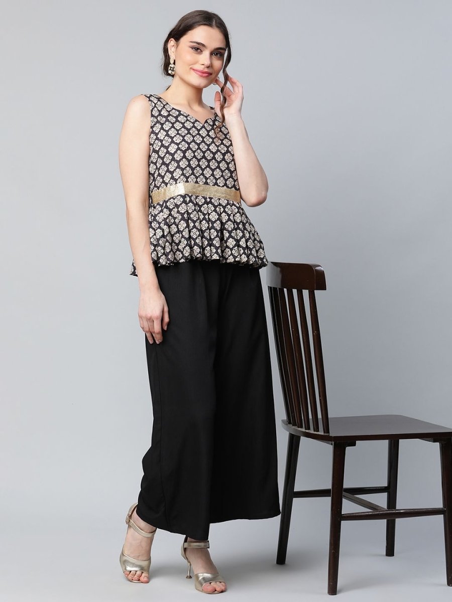 Ahalyaa Women Black Crepe Digital Printed Top with Palazzo Set | Swadesiicart