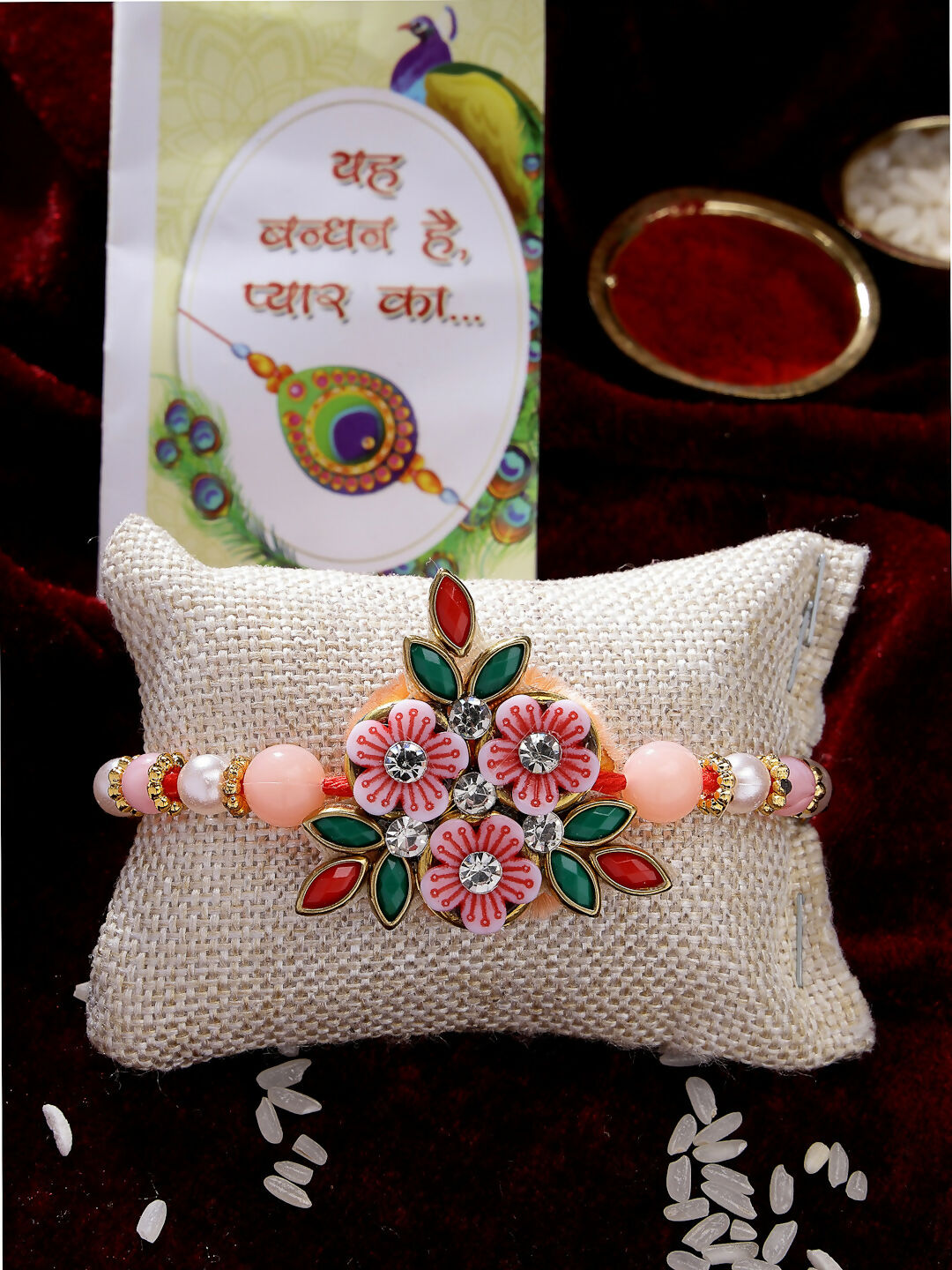 NVR Men Pink Floral Shape Stone-Studdded & Beaded Rakhi With Roli Chawal | Swadesiicart