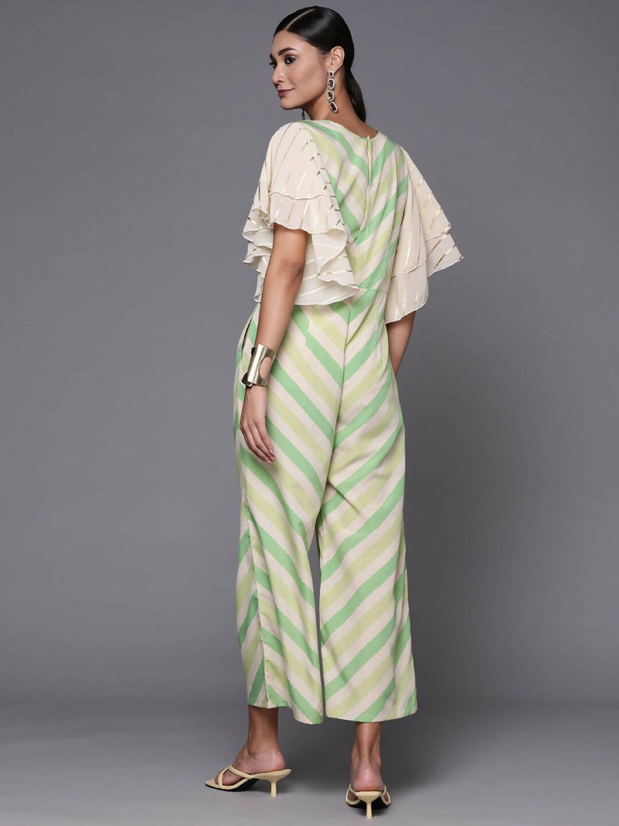 Ahalyaa Off White & Green Zig Zag Print Basic Jumpsuit - Swadesiicart