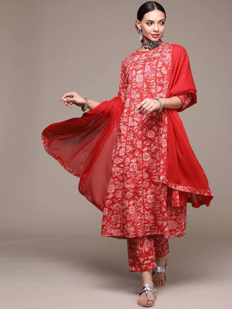 Anubhutee Red Floral Printed Pure Cotton Kurta with Trousers & With Dupatta | Swadesiicart