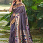 Vishnu Weaves Women's Royal Blue Paithani Silk Minakari Zari Woven Saree with Unstitched Blouse - Swadesiicart