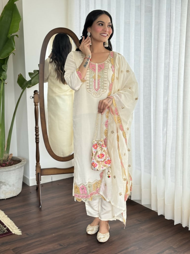 Cream Viscose chanderi Stitched Suit With Dupatta - Tanisha | Swadesiicart