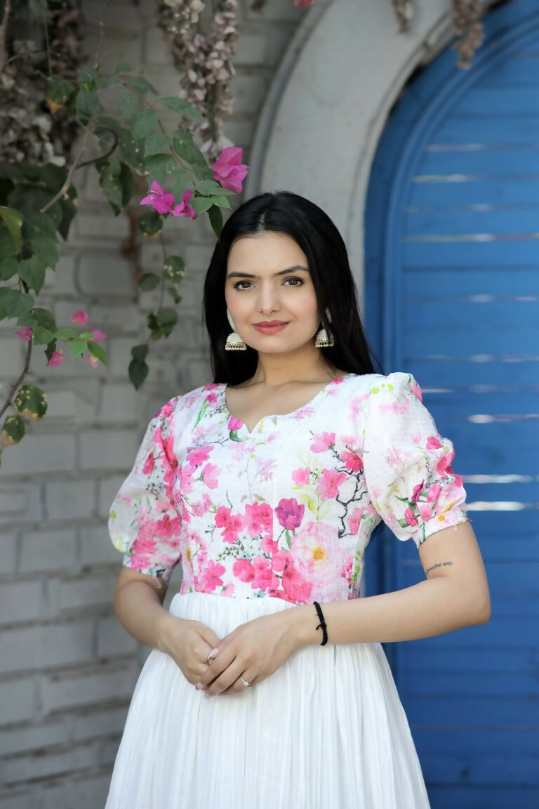 Jyoti Fashion Women's White Floral Digital Printed Chinon Anarkali Dress | Swadesiicart