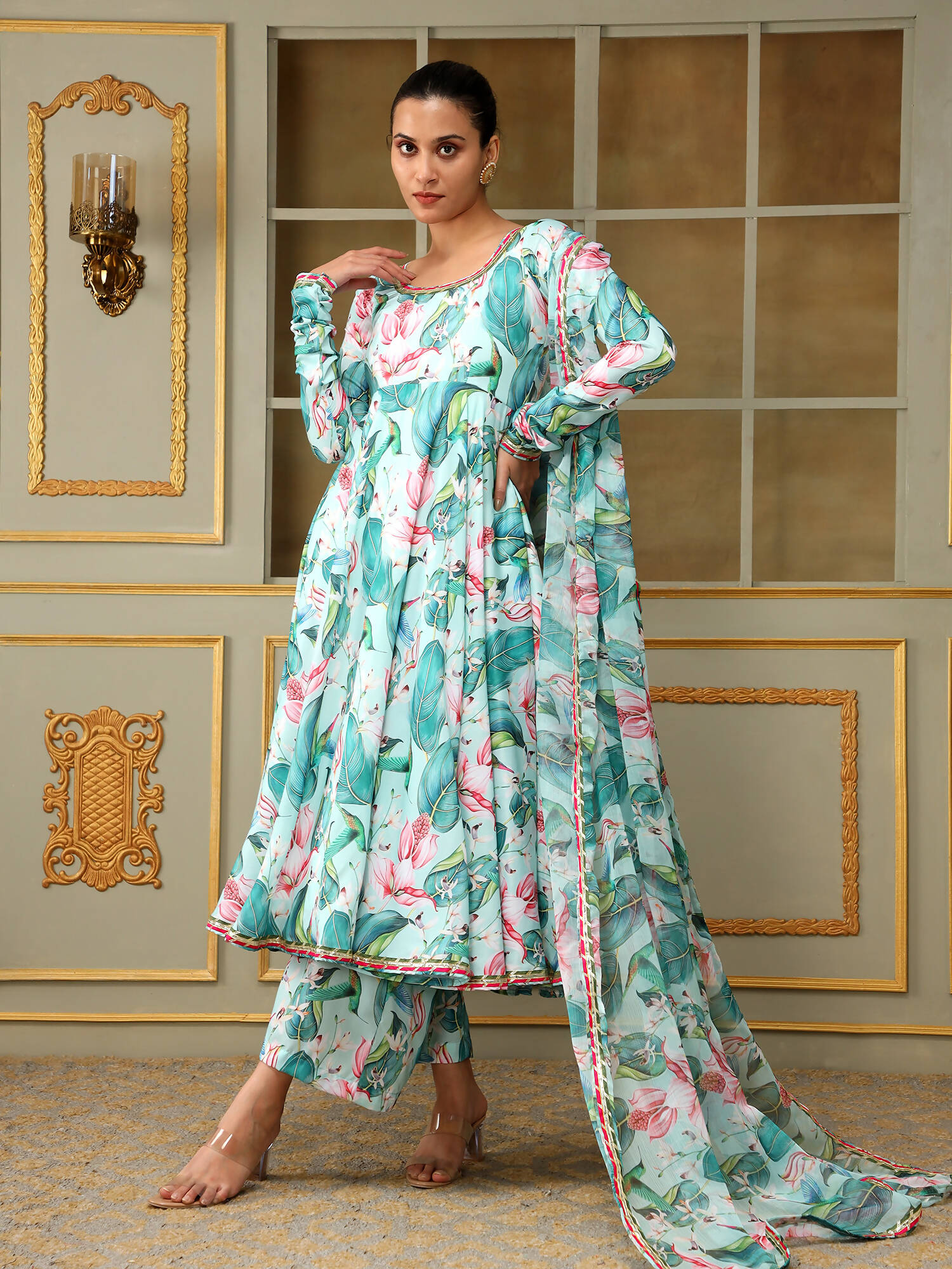 Pomcha Jaipur Blue Saadgi Palm Leaf Anarkali Set | Swadesiicart