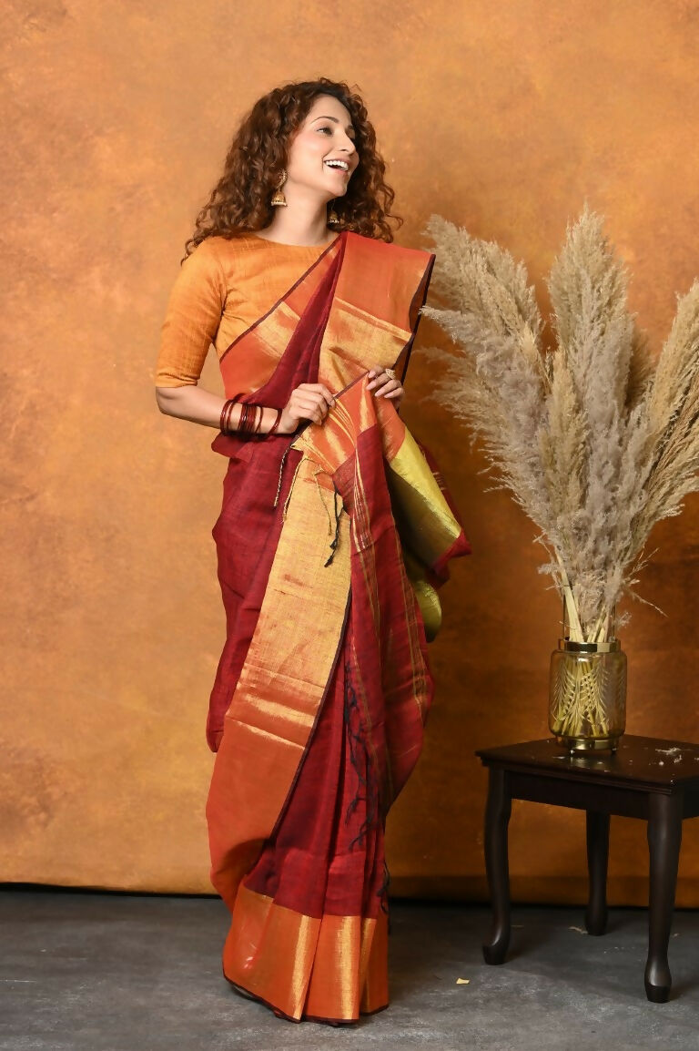 Very Much Indian Handloom Pure Cotton Linen Saree With Golden Border - Dark Maroon | Swadesiicart