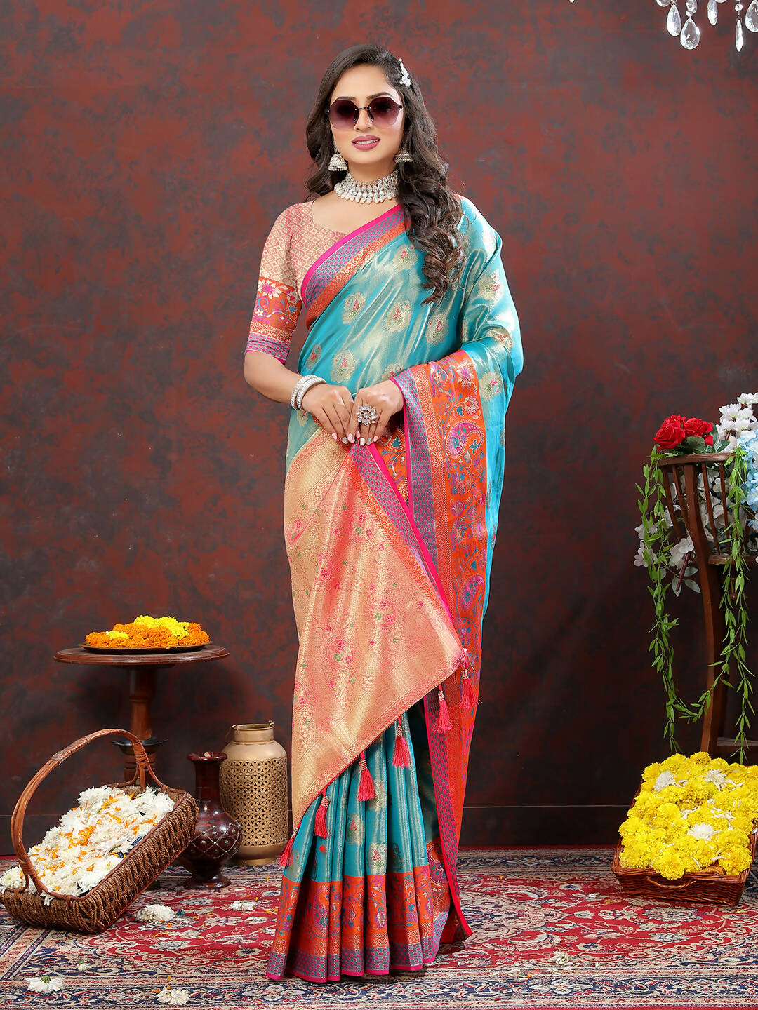 Lorenvalley Fashion Skyblue Kanjivaram Silk Woven Design with Zari Weaving Saree - Swadesiicart