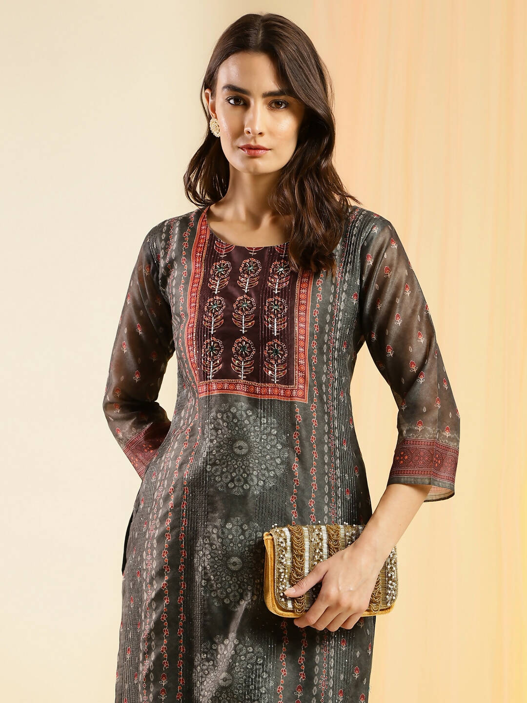 Dark Green Chinon Digital Printed With Hand Work Kurta - Himanshi - Swadesiicart