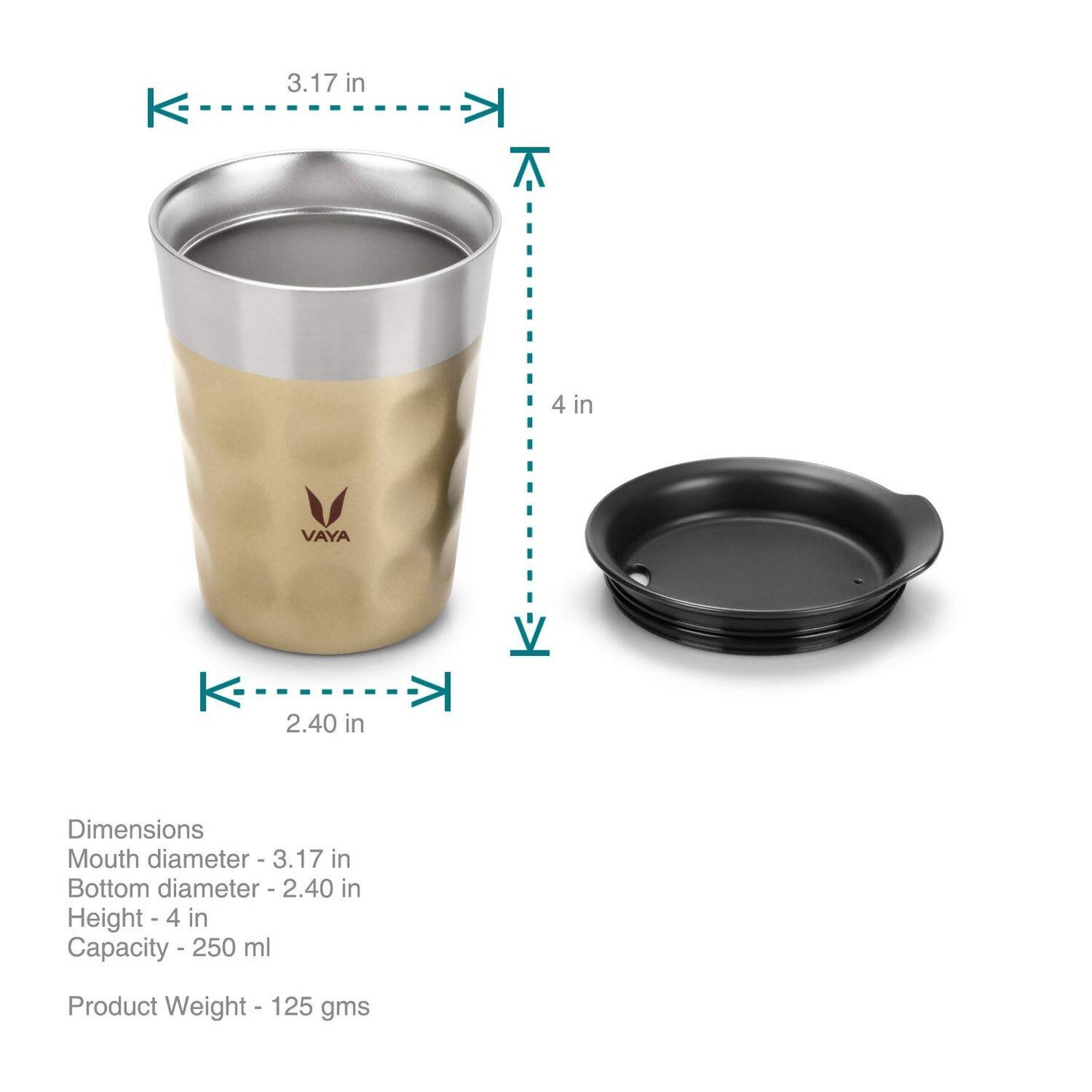 Vaya Popcup Insulated Coffee Mug Tumbler With Lid - 250 ml (Gold) | Swadesiicart