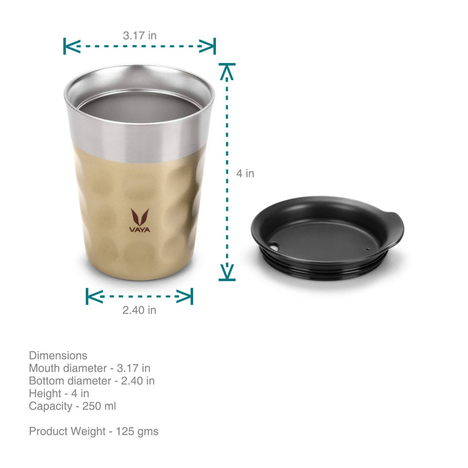 Vaya Popcup Insulated Coffee Mug Tumbler With Lid - 250 ml (Gold) | Swadesiicart