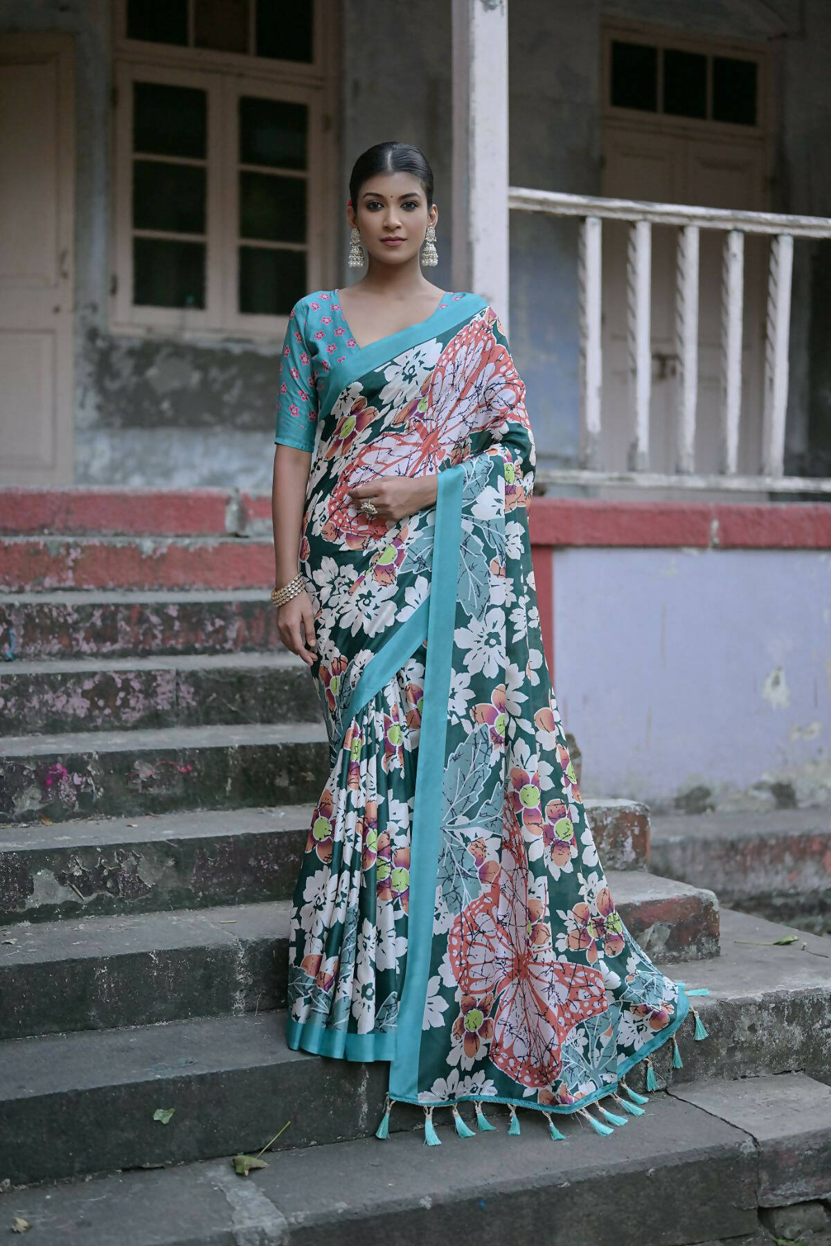 Vishnu Weaves Women's Green Cotton Silk Printed Saree with Blouse - Swadesiicart