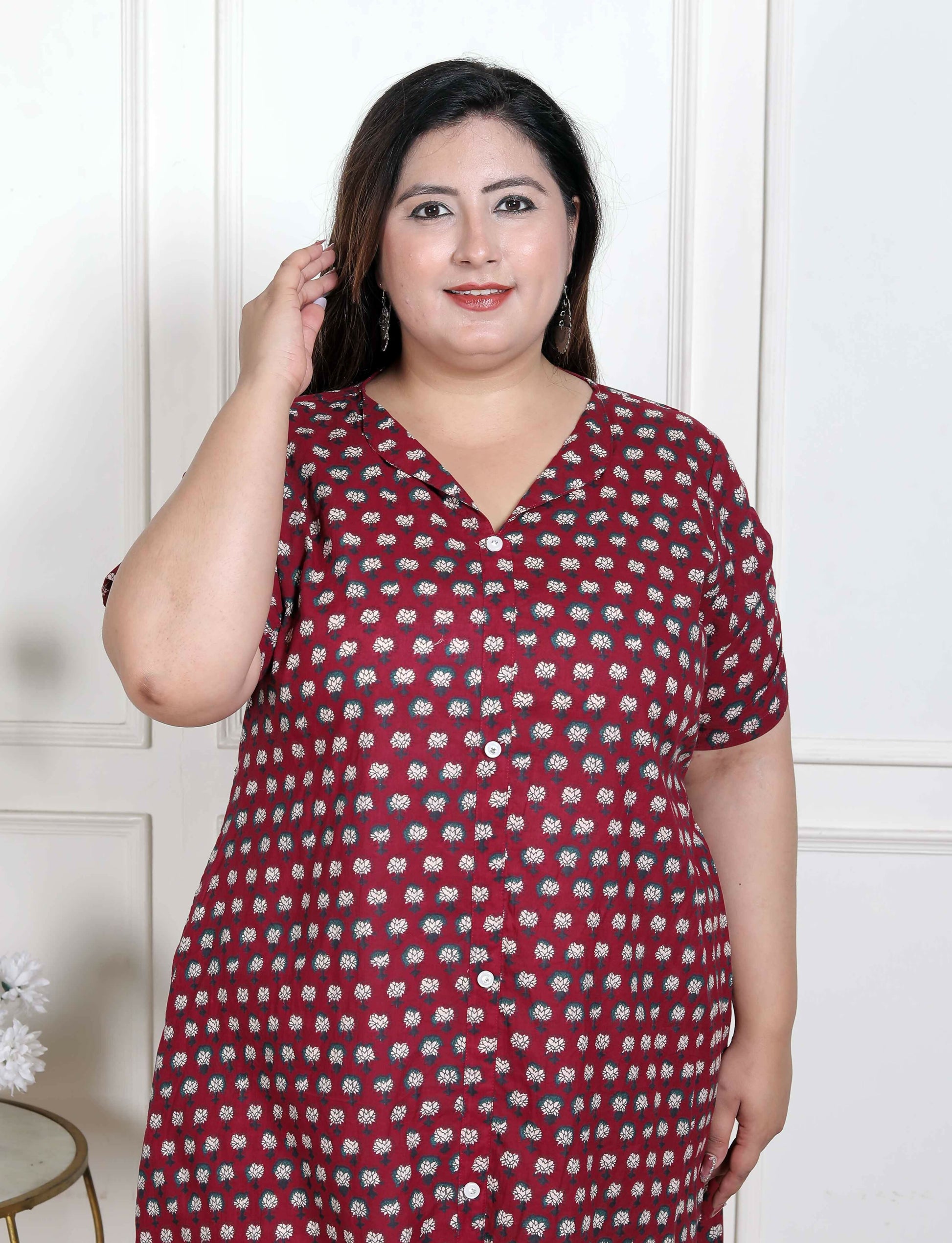 Miravan Women's Plus Size Relaxed Fit Red Floral Printed A-Line Pure Cotton Kurta - Swadesiicart