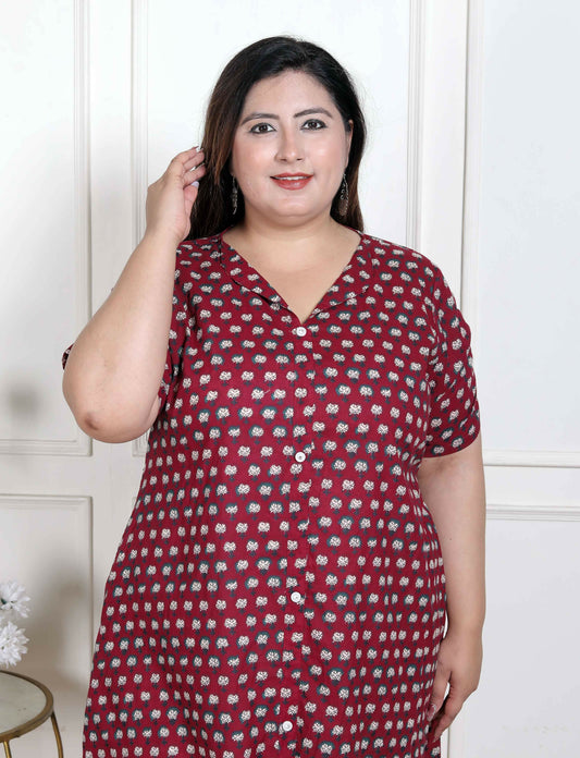 Miravan Women's Plus Size Relaxed Fit Red Floral Printed A-Line Pure Cotton Kurta - Swadesiicart