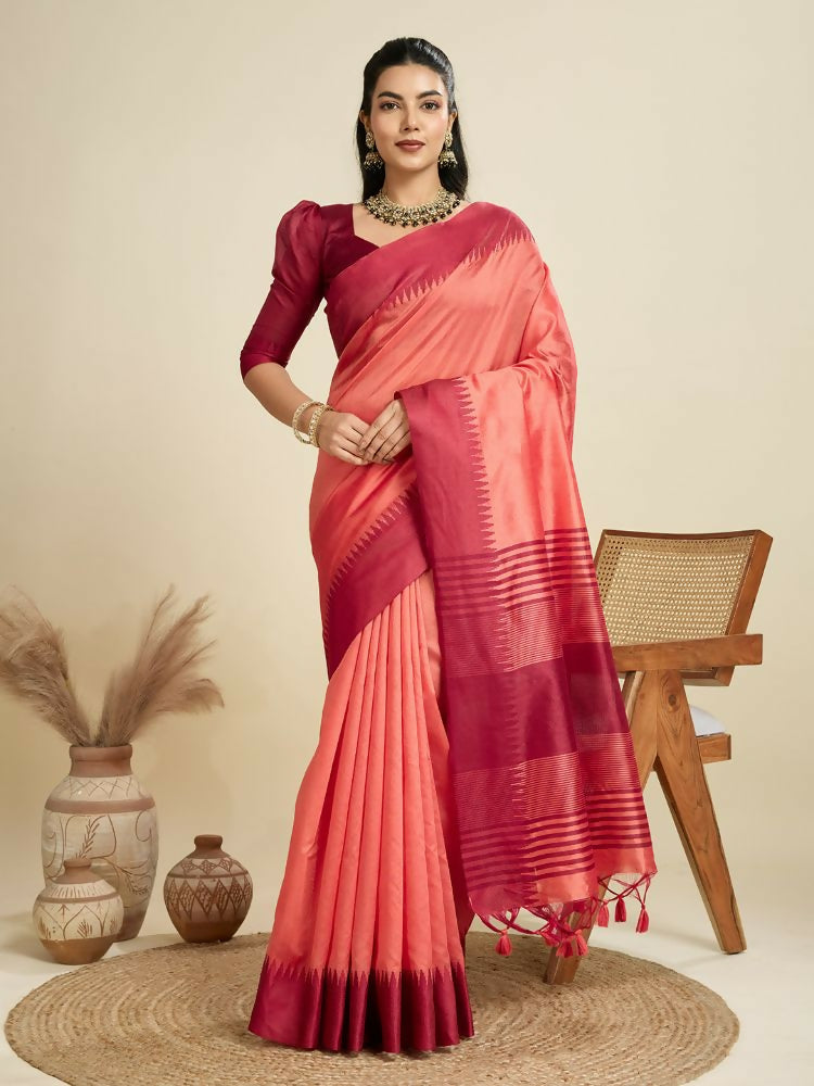 Vishnu Weaves Women's Gajri Raw Silk Thread Woven Saree with Blouse - Swadesiicart