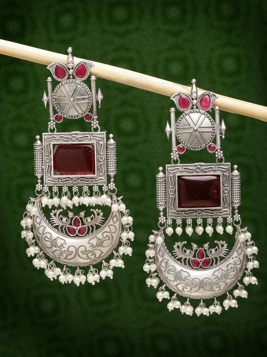 NVR Women's Silver-Plated Artificial Stones and Beads Chandbali Earrings | Swadesiicart