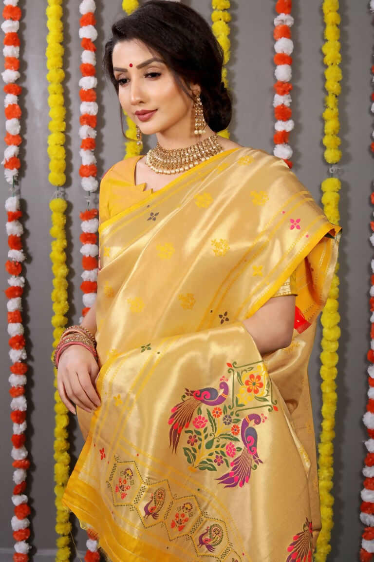 Jyoti Fashion Women's Yellow Paithani Silk Zari Woven Saree with Blouse | Swadesiicart
