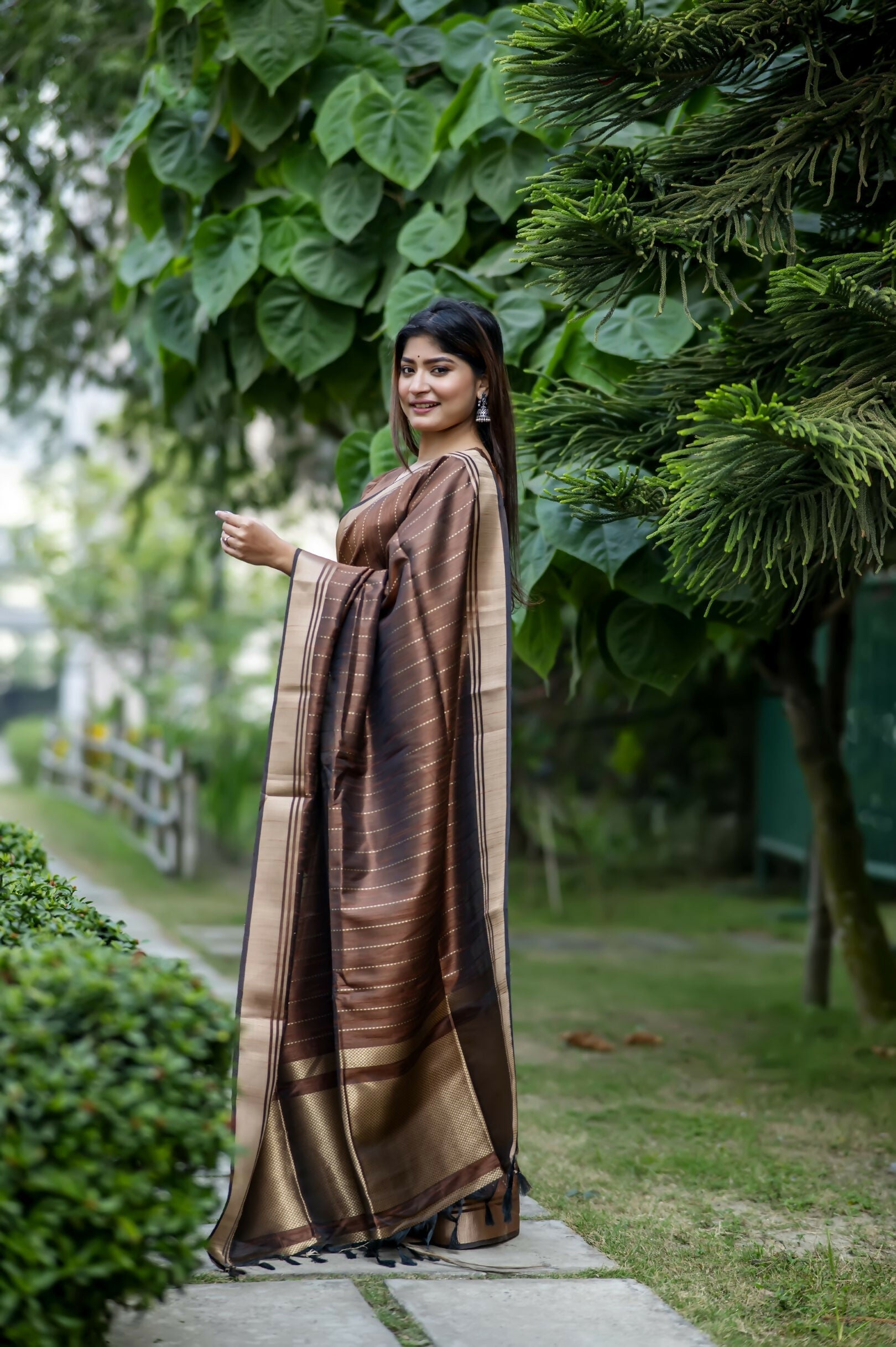 Vishnu Weaves Women's Coffee Raw Silk Saree with Blouse - Swadesiicart