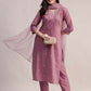 Aavyora Women Lavender Embroidered Chinon Kurta with Straight Pants & Organza Dupatta Set - Swadesiicart