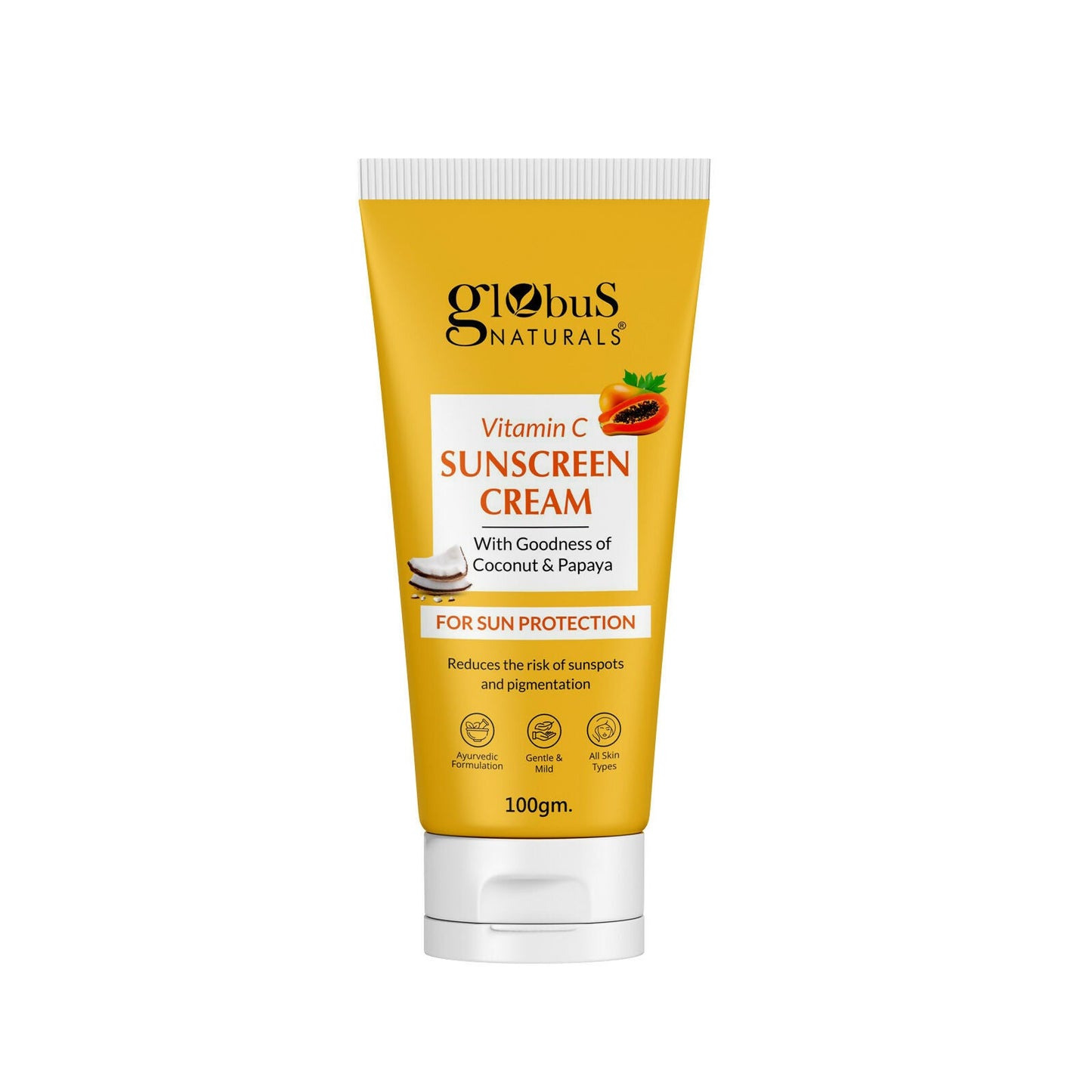 Globus Naturals Vitamin C Sunscreen Cream with Goodness of Coconut & Papaya For Sun Protection All Skin Types | Swadesiicart