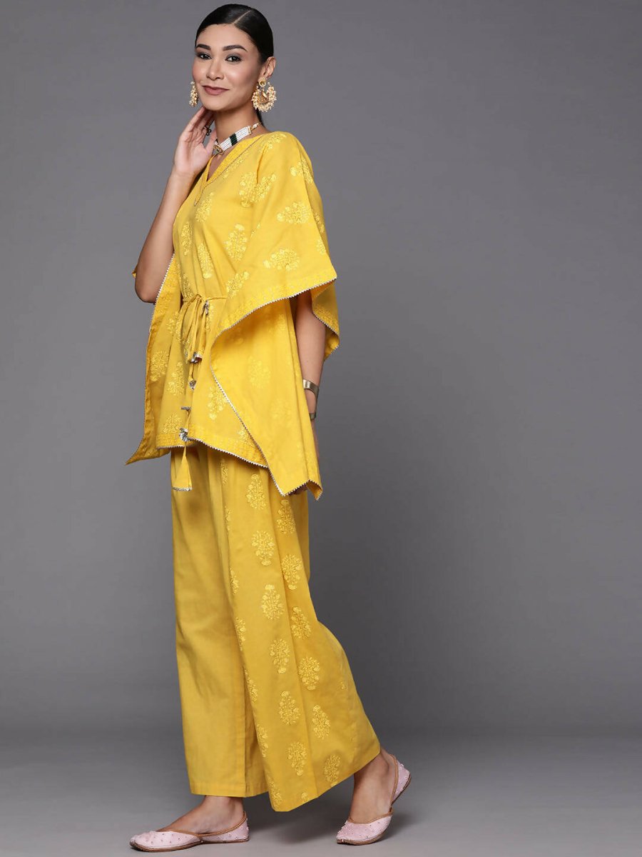 Ahalyaa Women Mustard Yellow Floral Printed Pure Cotton Co-Ords - Swadesiicart