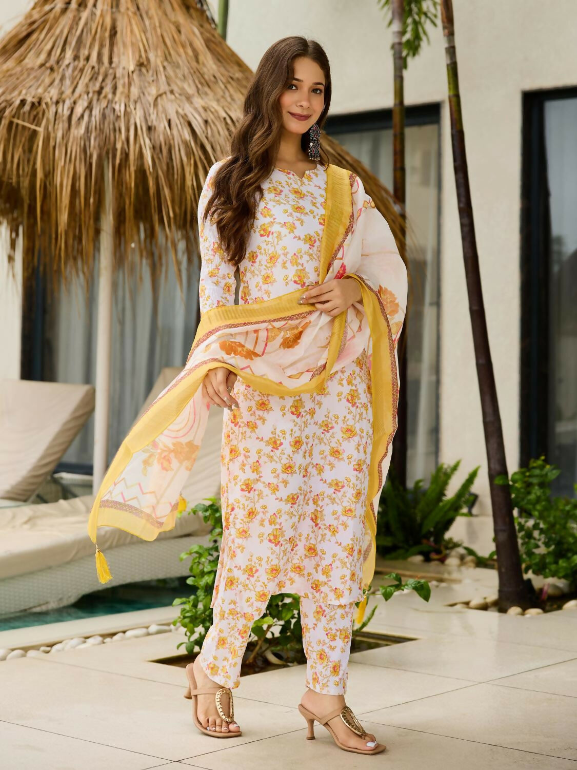 The52 Yellow Women's Beautiful Printed Silk Blend Fabric with Straight Kurta, Pant and Dupatta Set - Swadesiicart