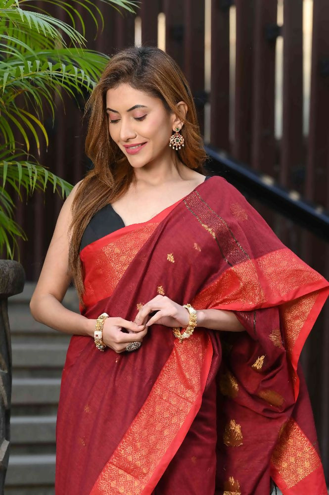 Beatitude Red Cotton Banarasi Saree | Swadesiicart