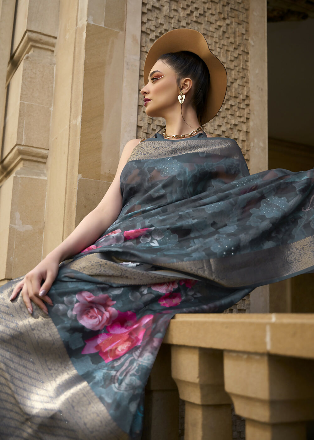 Lovely Navy Blue Polly Brasso Designer Saree - Emponline | Swadesiicart